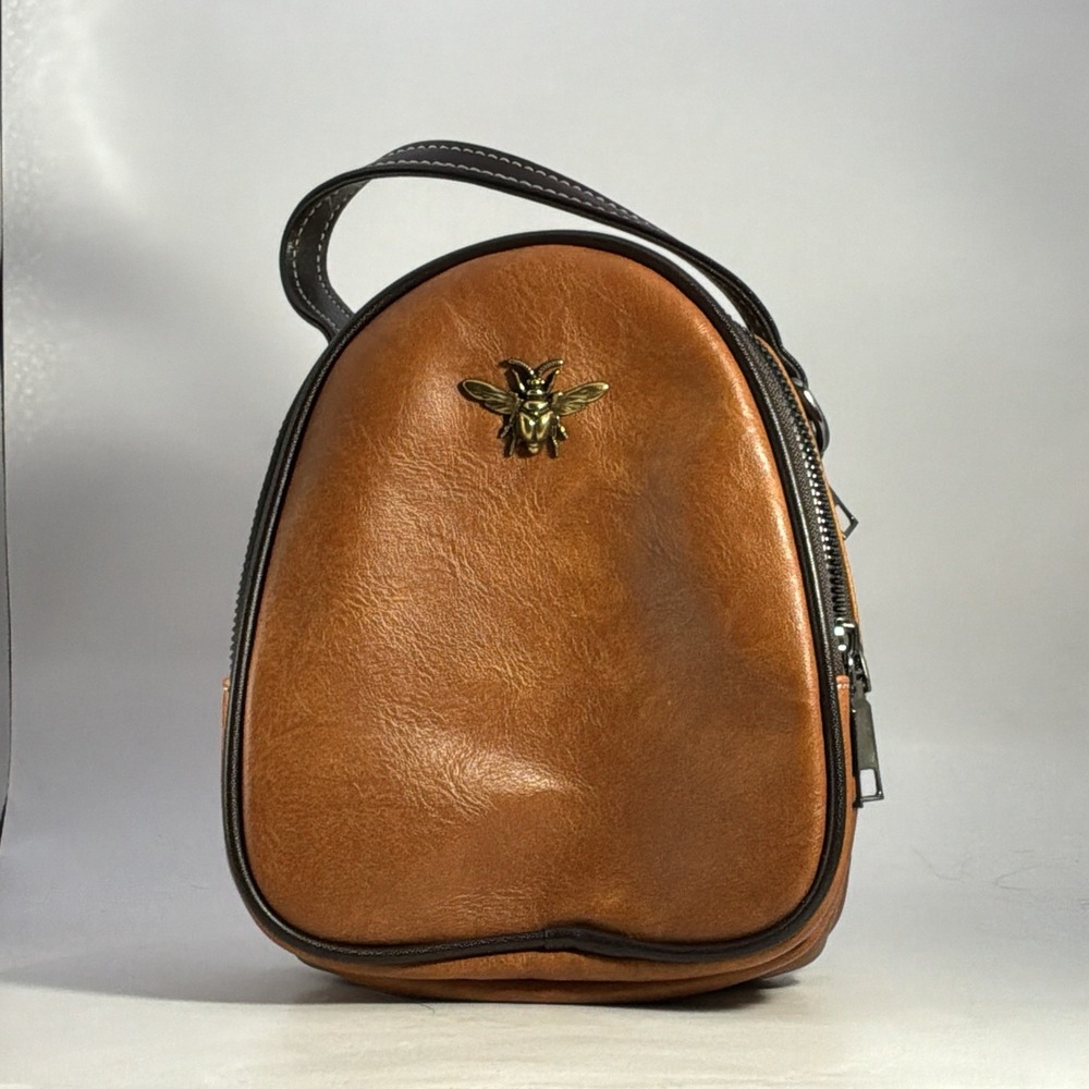 Bee Crossbody 3 Zip Organizer Brown Faux Leather Bag Purse